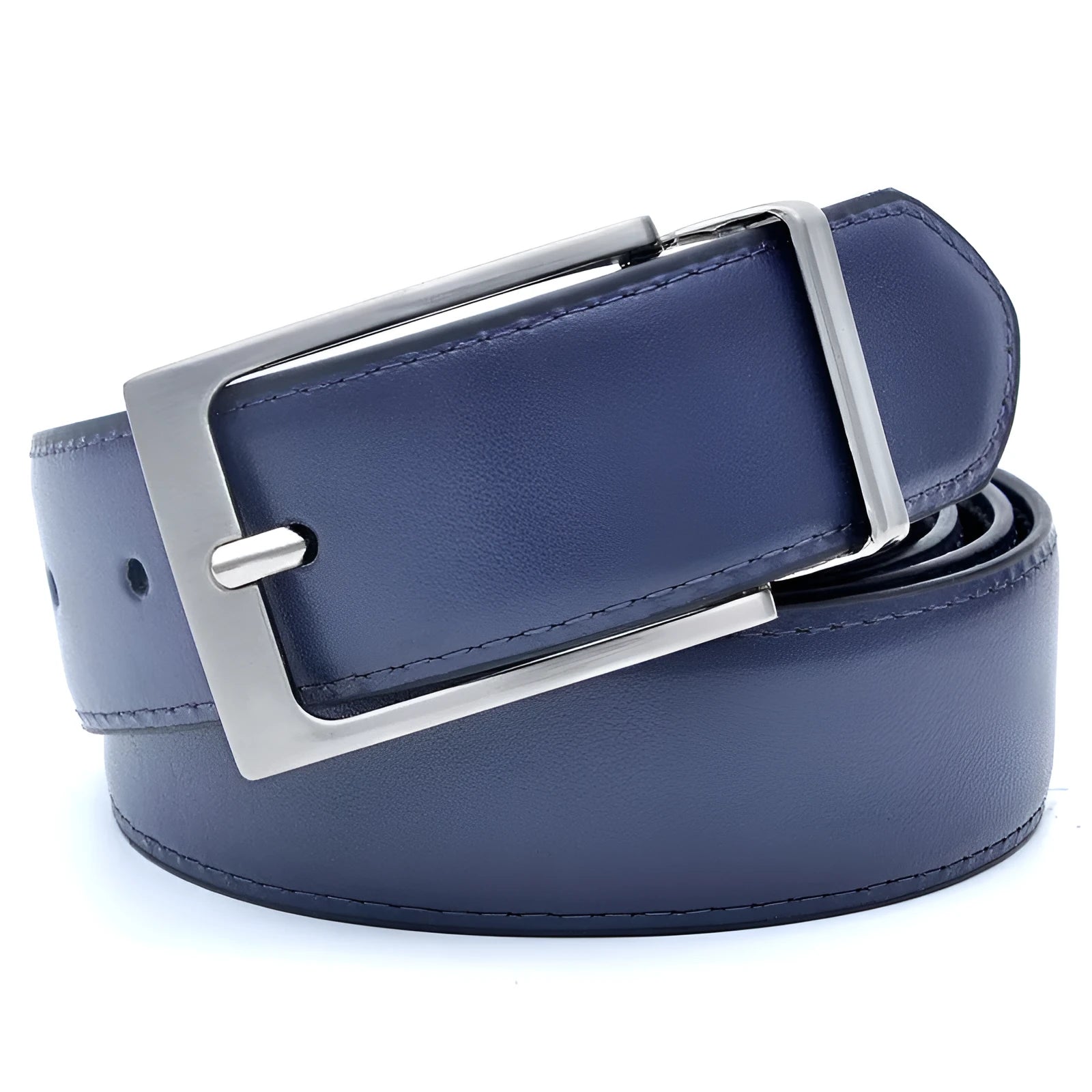 Men's brown black genuine leather belt with rotating alloy pin buckle showing length options