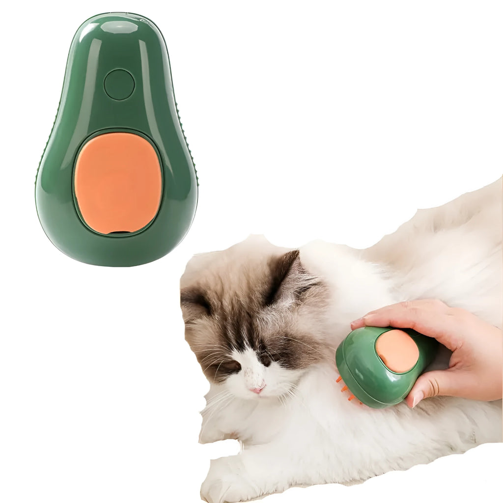 Green and white rechargeable cat steam brush with water spray tank and soft silicone bristles for pet grooming.