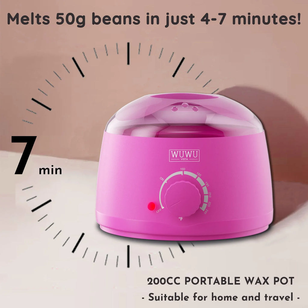 Professional waxing kit with black wax warmer, pots of hard wax beans, applicator sticks and post-care products on a pink background.