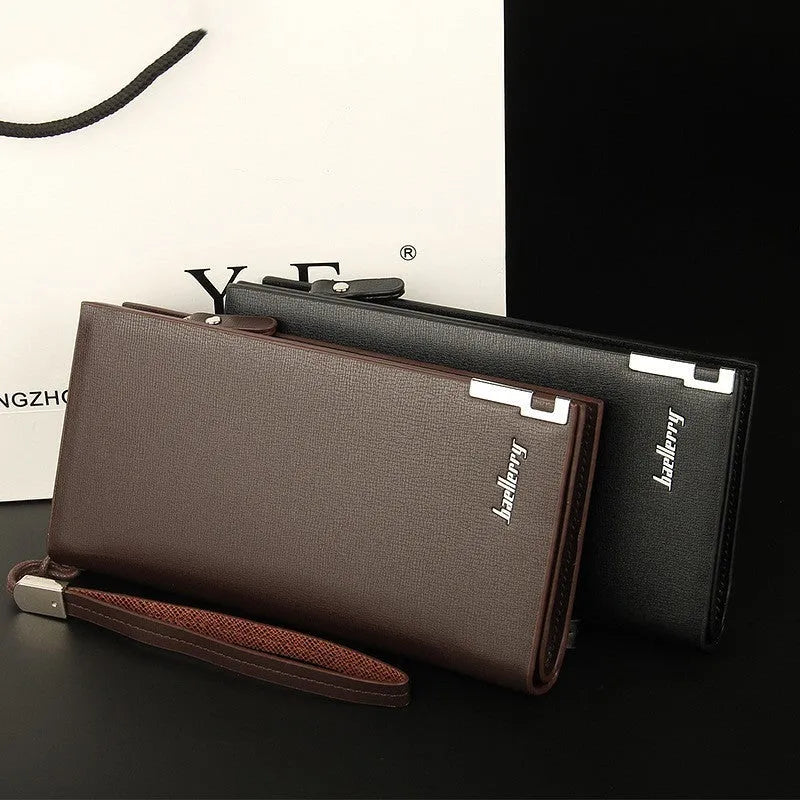 Men's black PU leather wallet with long zipper closure showing waterproof construction