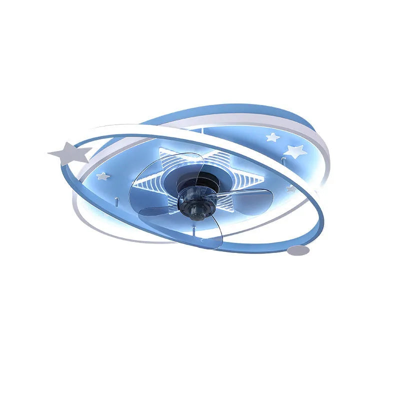 Blue children's bedroom ceiling fan with integrated LED light panels and remote control on white background