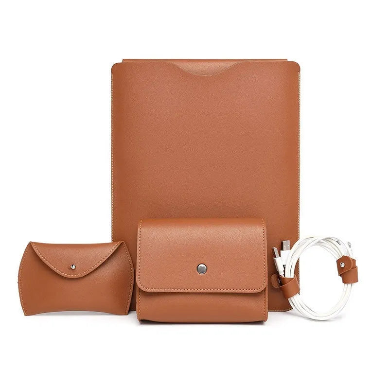 Set of four brown imitation leather lock edge protective sleeves for laptops and tablets.