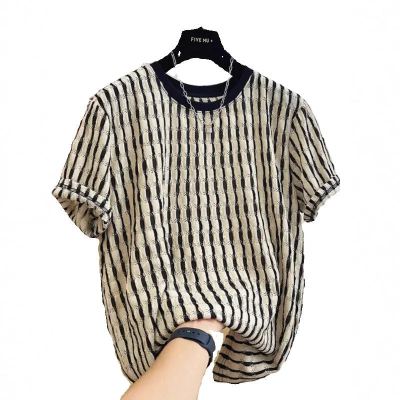 Black striped men's loose fit short sleeve casual shirt made from silk and linen fabric.