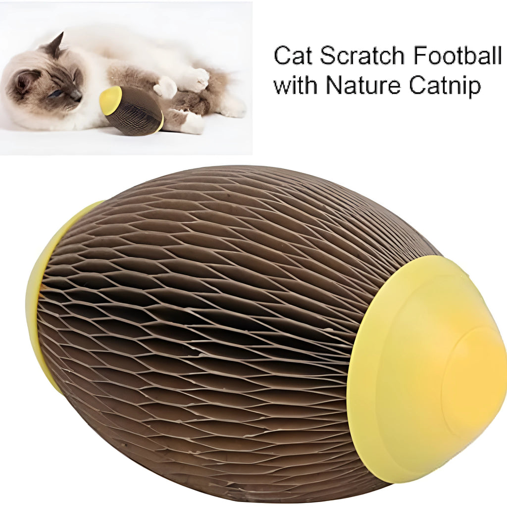 Ellipse-shaped catnip ball toy made of brown corrugated paper for scratching and play.