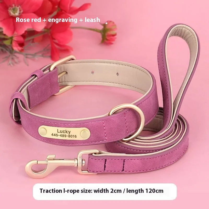 Double-layer leather dog collar and lead set in rose red, brown, or blue colours