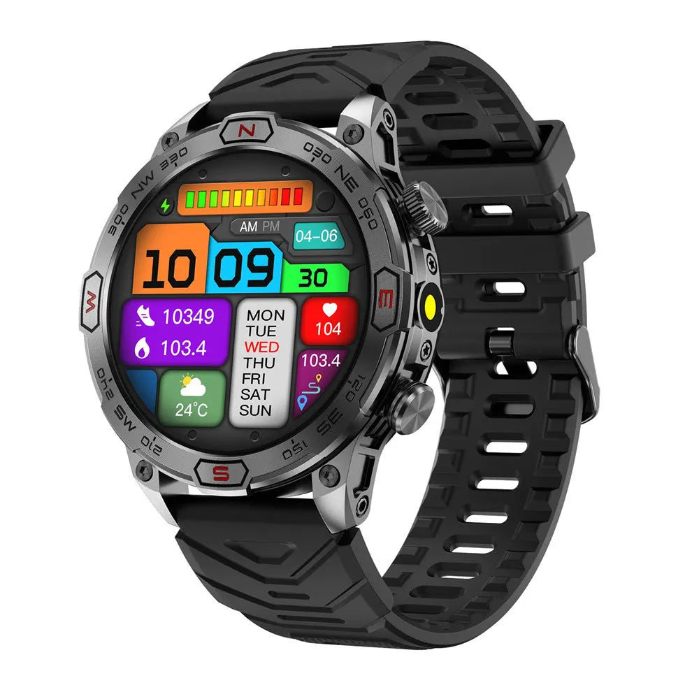 Sports smartwatch with AMOLED screen showing weather forecast, zinc alloy case, liquid silicone strap