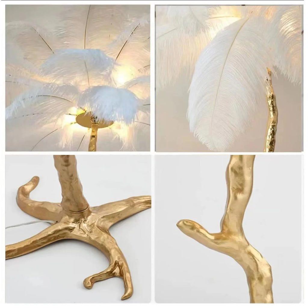 Tall decorative floor lamp with cluster of white resin feathers, standing 170cm high in a living room.