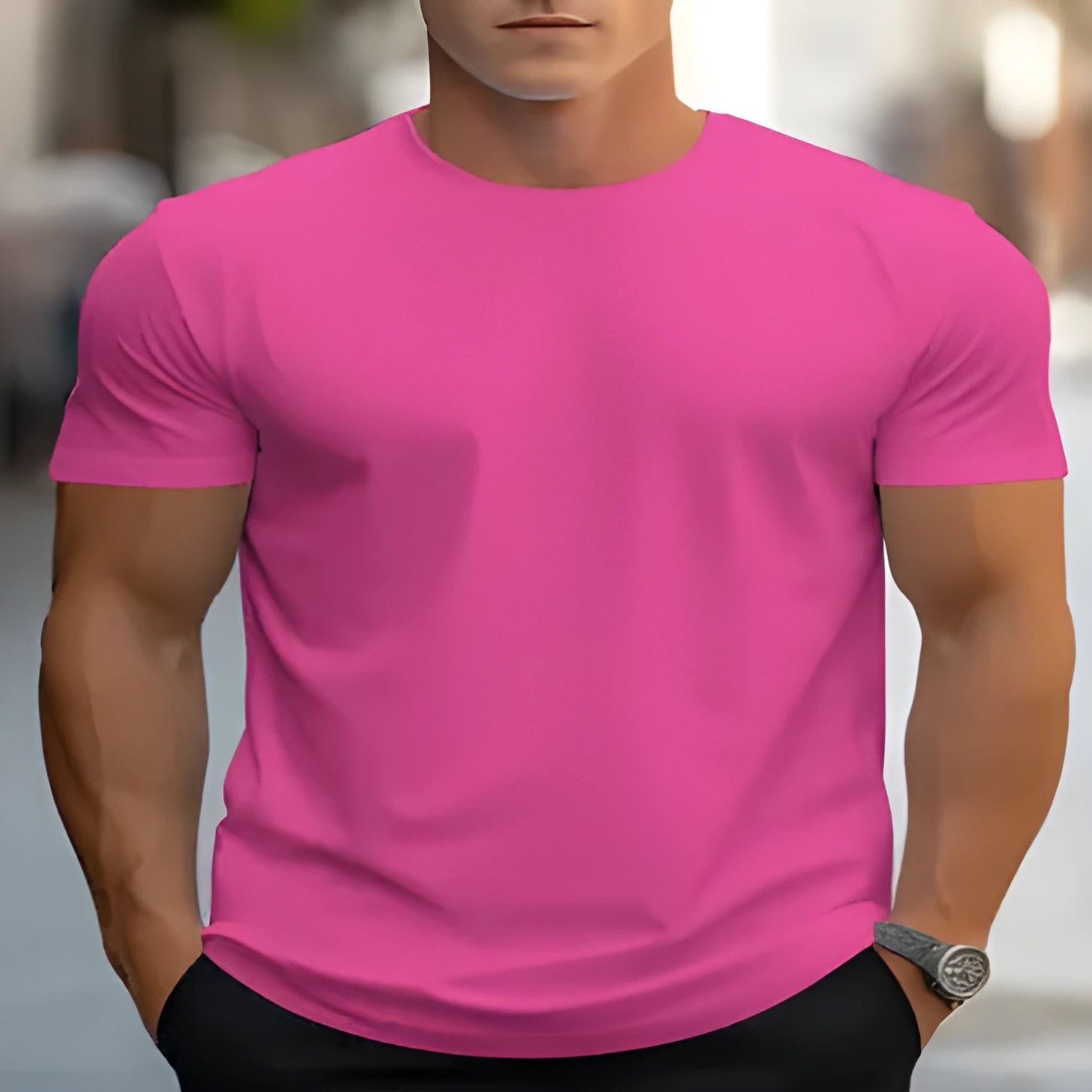 Men's loose-fit round neck T-shirt with a custom colour graphic print on the front.