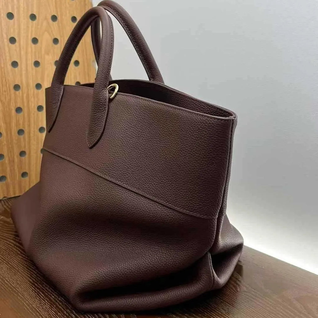 Simple crossbody tote bag in first layer cowhide genuine leather, large capacity with open pocket