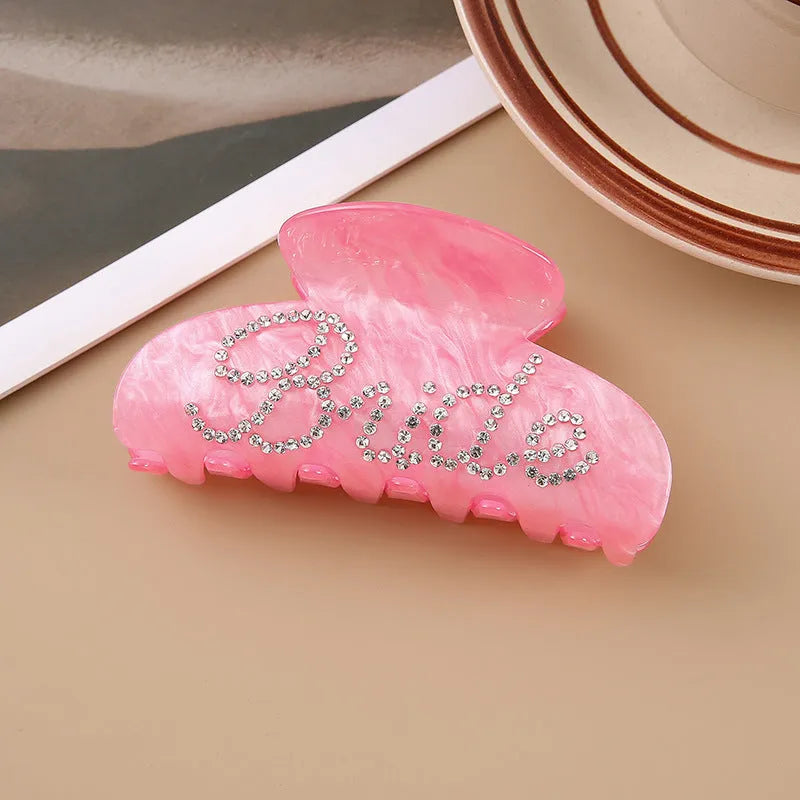 Acrylic hair barrette with multi-diamond spot drilling and English letters on shark clip back