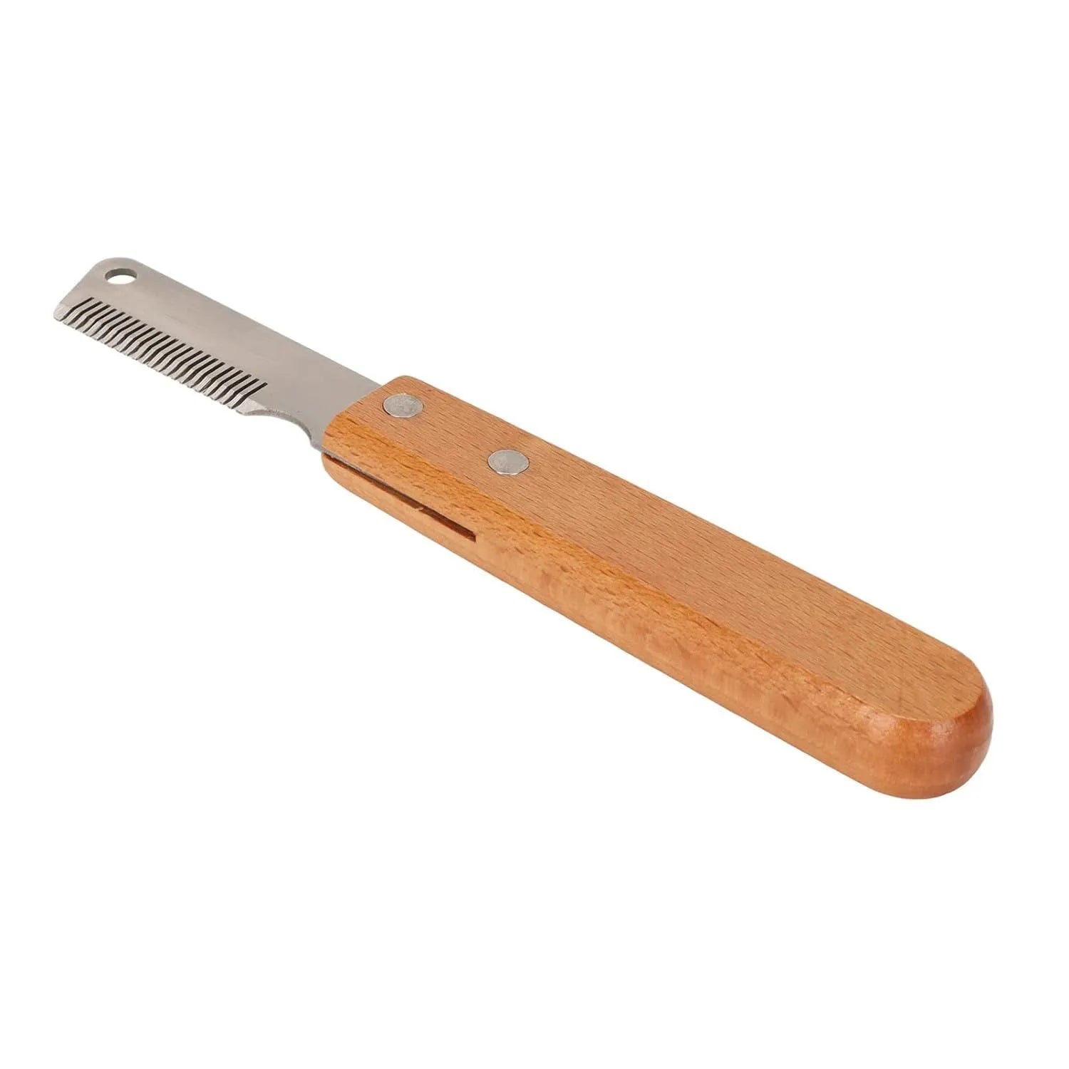 Pet stripping comb with wood handle and metal fittings for dog and cat grooming