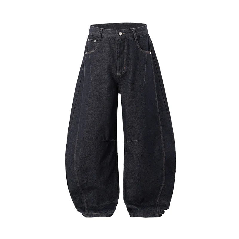 Men's wide leg denim trousers in original cow colour showing full length and relaxed fit