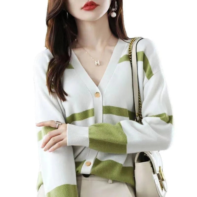 Women's striped V-neck button-up cardigan with a 3D knit pattern in a slim fit