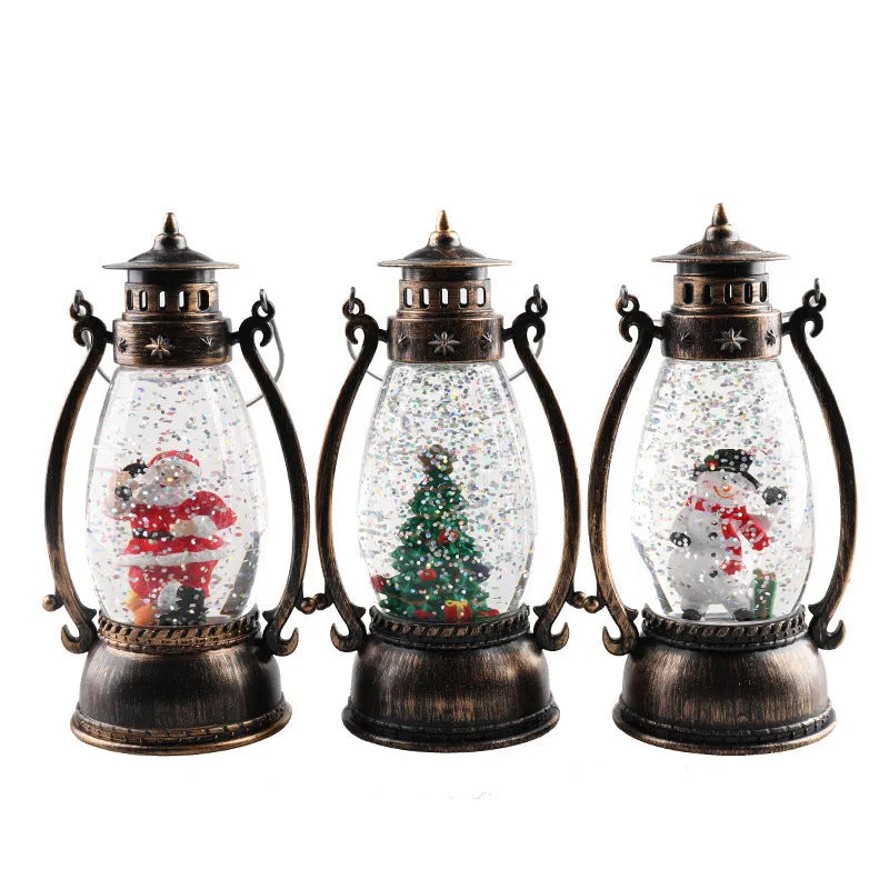 Plastic Christmas desktop oil lamp decoration with a glowing crystal ball and snowman figure.