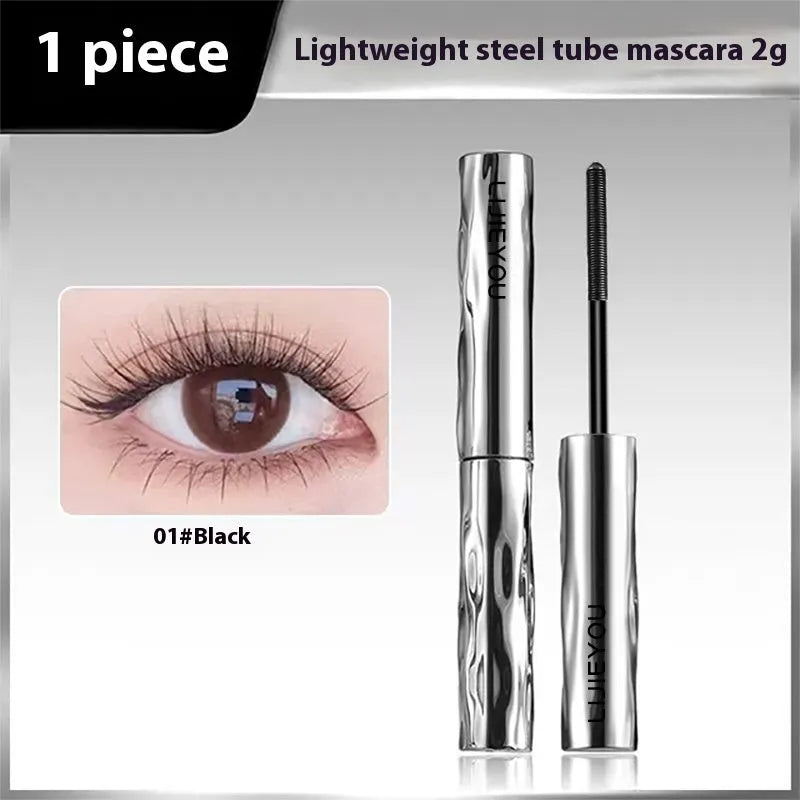 Waterproof long thick steel tube mascara in black and brown shades with optional eyelash curler