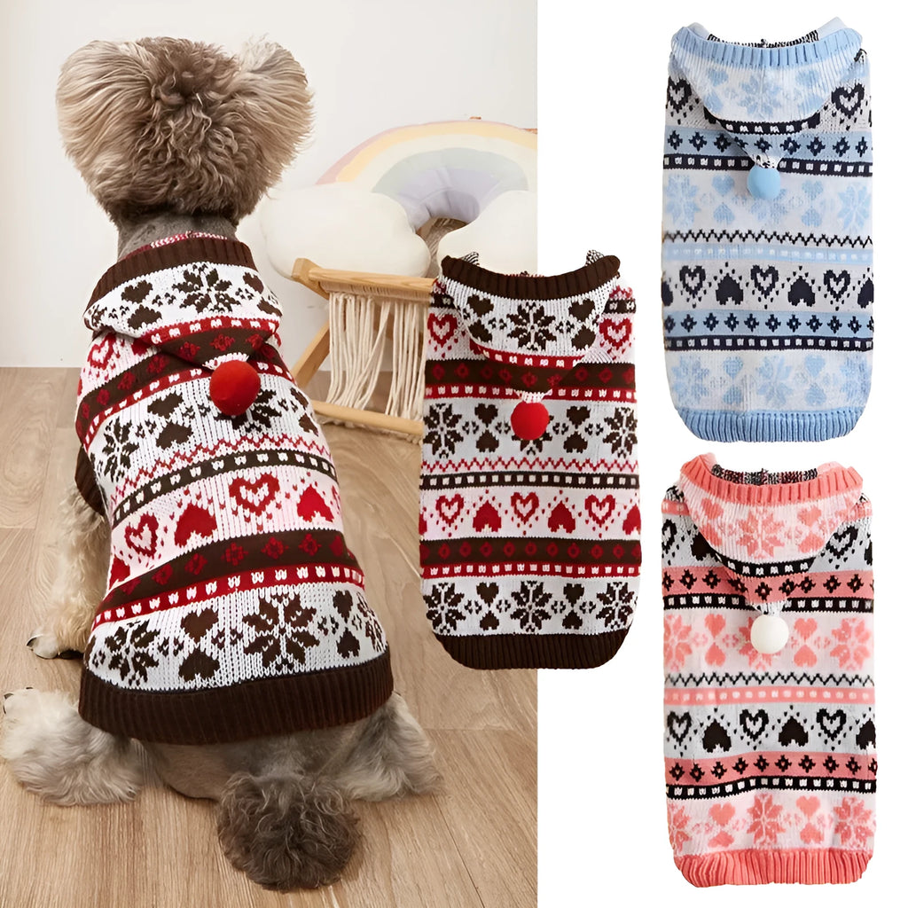 Striped pink blue grey knitted dog sweater with snowflake and camouflage patterns for small Bichon breed.