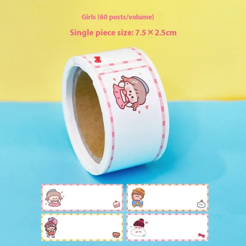 Roll of colourful cartoon name tape stickers for student organisation in dinosaur, astronaut, rabbit, or girl designs