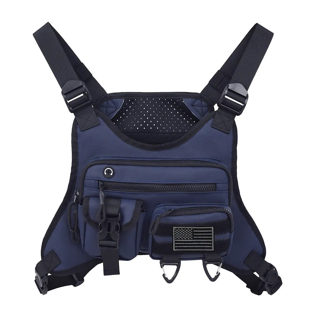 Men's outdoor chest bag in oxford cloth with sewing line details, shown in black, blue, and grey.