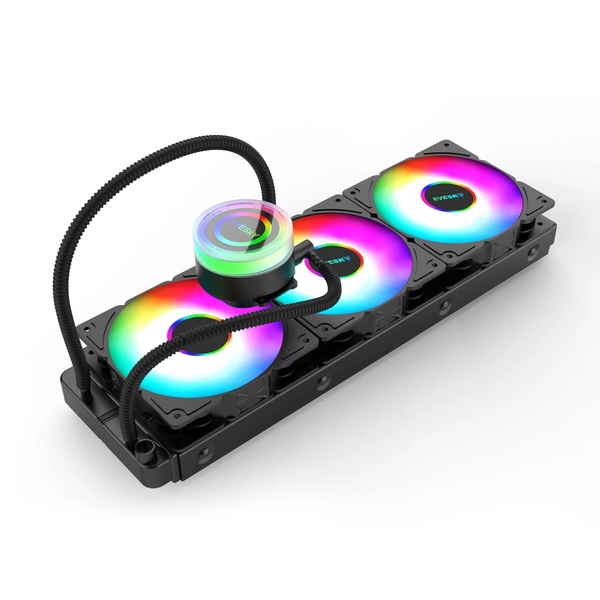 Aluminium CPU radiator with RGB fan lighting mounted in a gaming PC case.