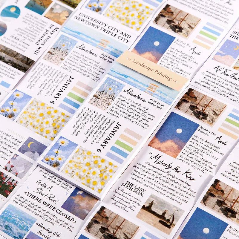 Pack of twenty rectangular paper stickers depicting landscape paintings, each measuring 60 by 120 millimetres.
