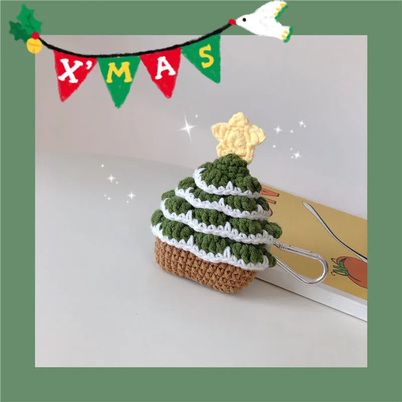 Green knitted Christmas tree Bluetooth headset case for AirPods with hook
