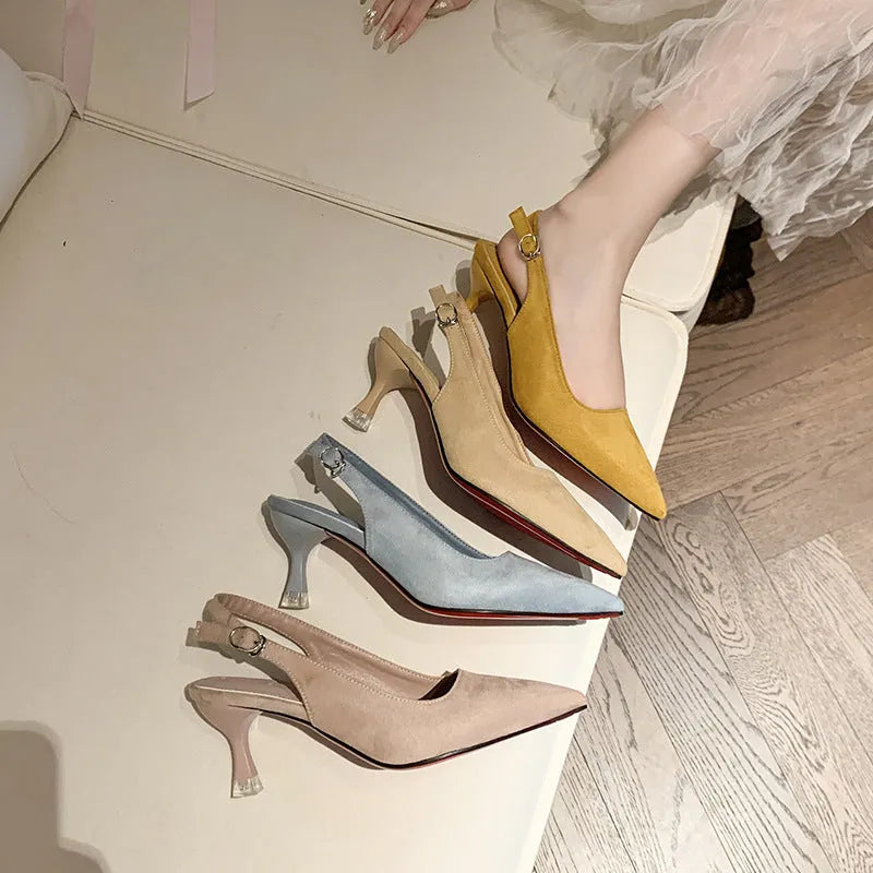 Pointed toe stiletto high heel shoe in suede with a rubber sole.