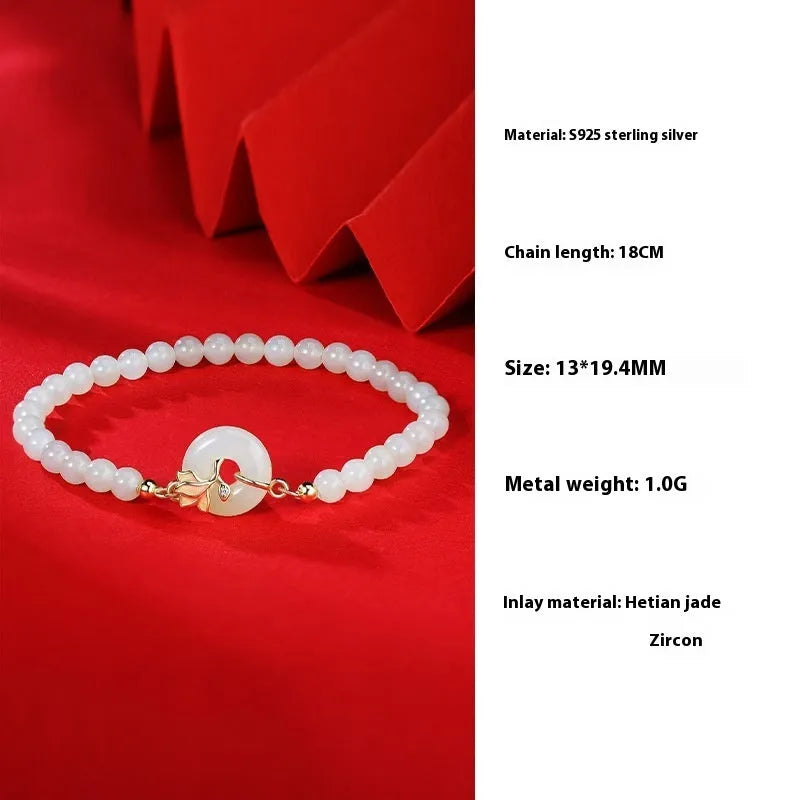 S925 sterling silver orchid magnolia bead bracelet with Hetian jade beads, Chinese style