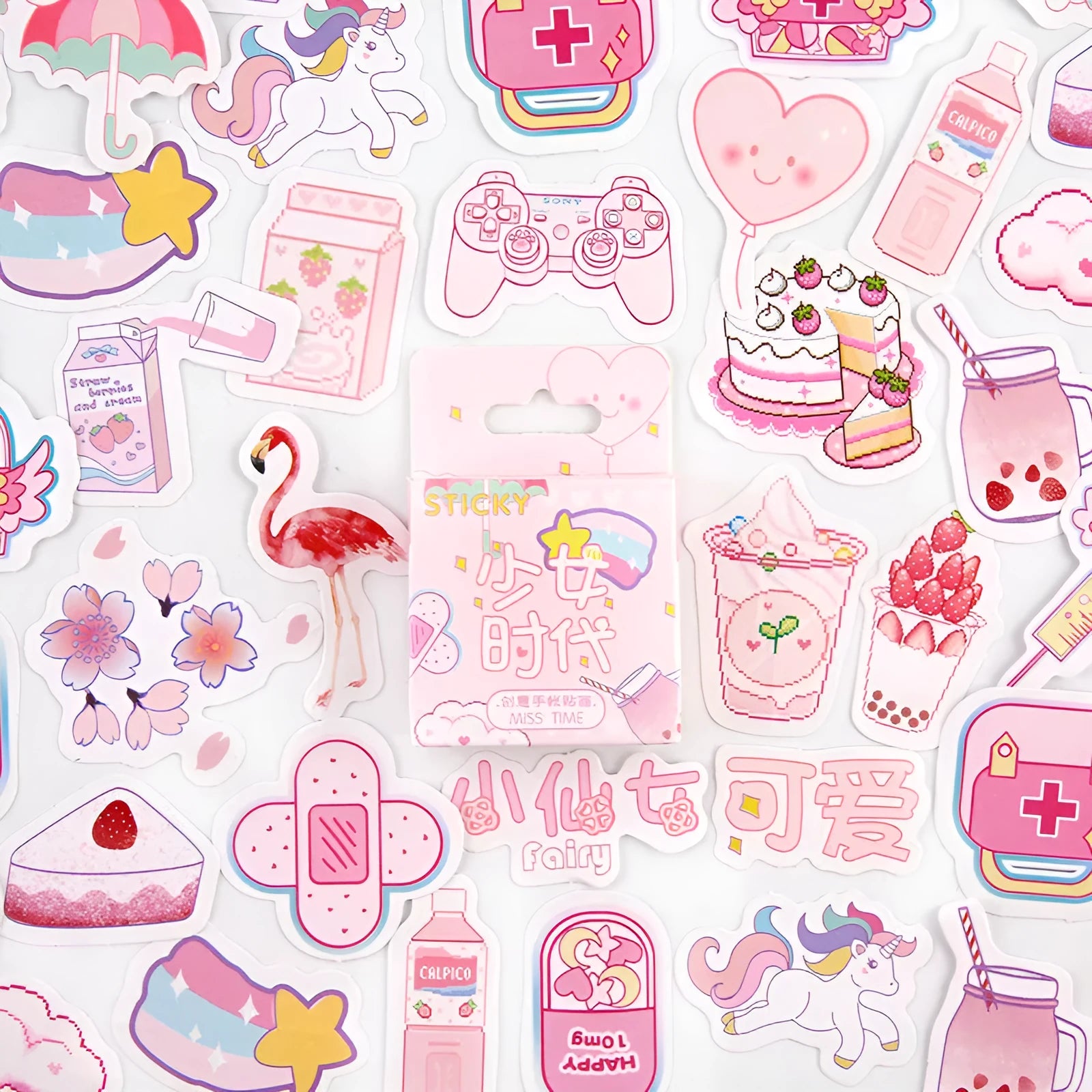 Box of 46 small colourful cartoon stickers for journal decoration and children's crafts.