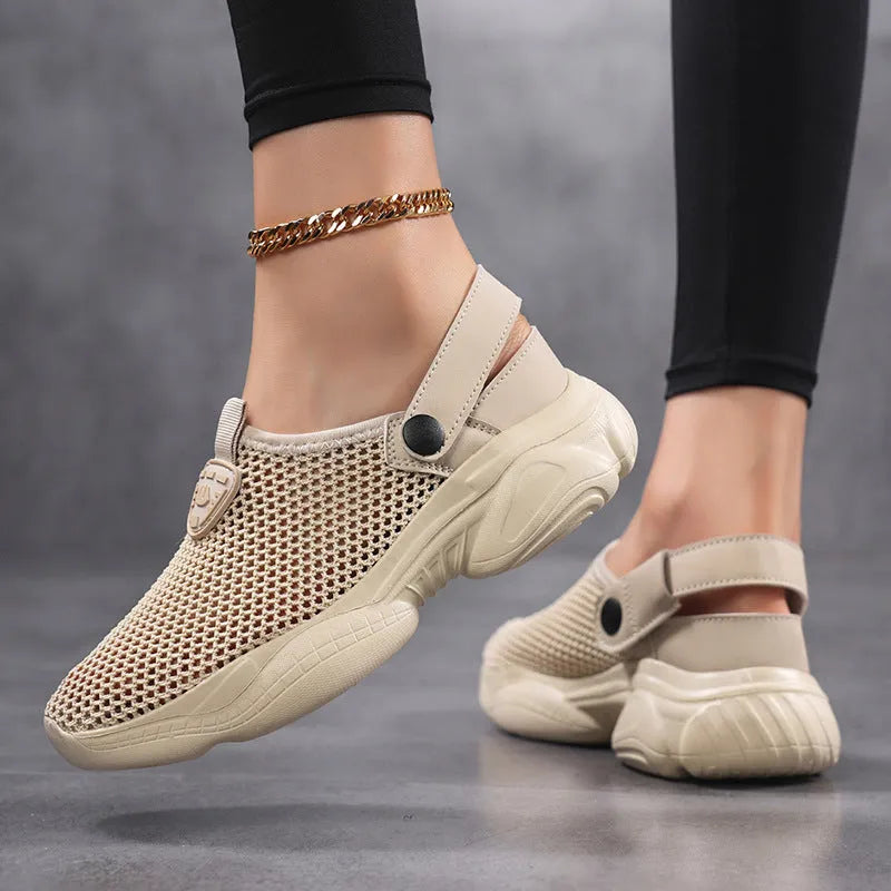 Women's Flyknit sports sandals in beige colour showing round toe holder and breathable upper construction