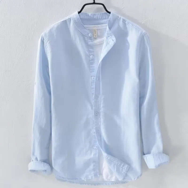Loose fit casual long sleeve shirt in cotton linen blend fabric showing dark blue colour option