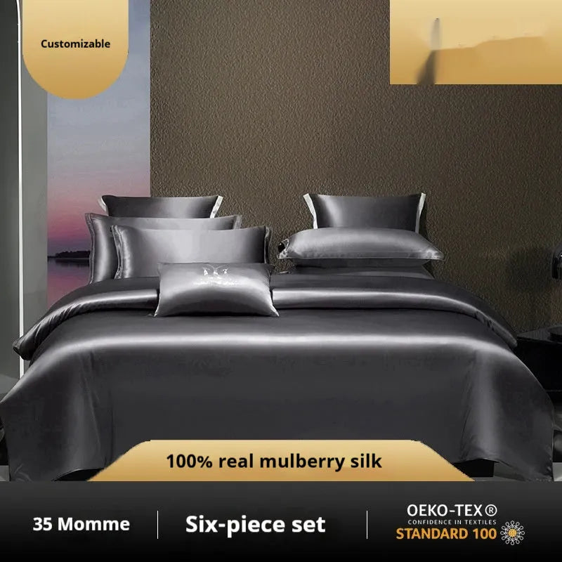 Silk four-piece quilt cover set in solid colour with fitted or flat sheet options for UK bed sizes.