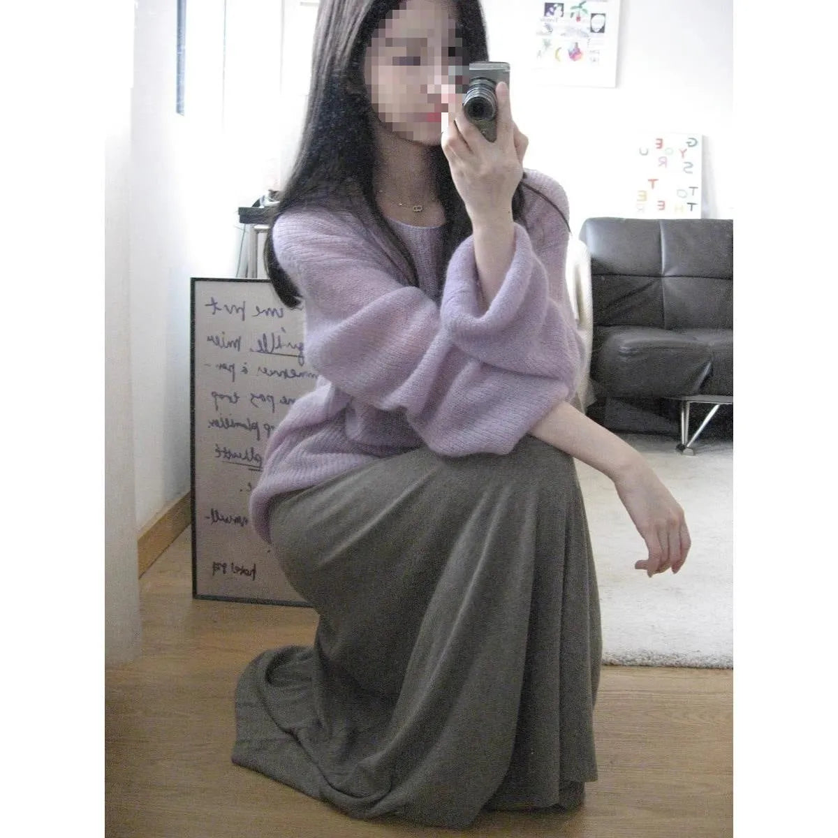 Purple women's blouse with hollow out detailing and princess sleeves in ice silk fabric