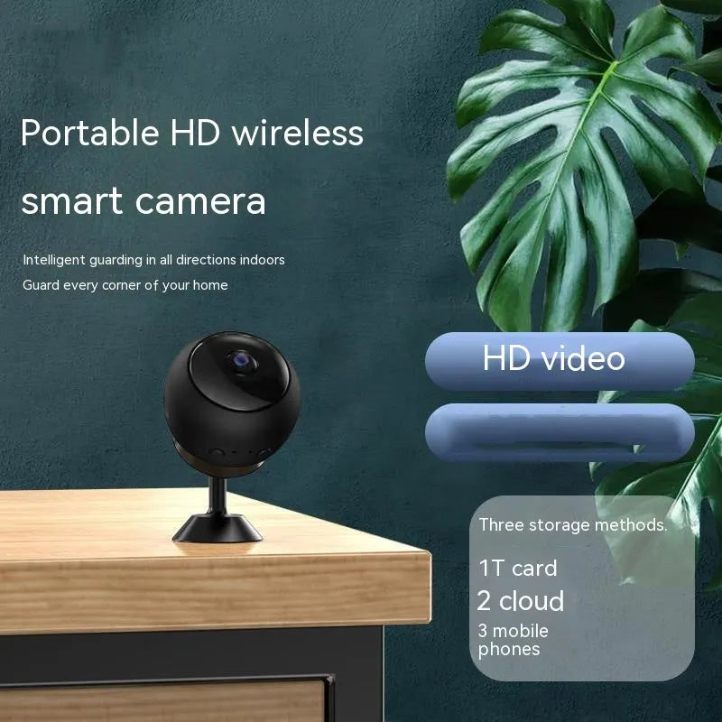 White indoor wireless WiFi security camera with 1080p lens on a plain background.