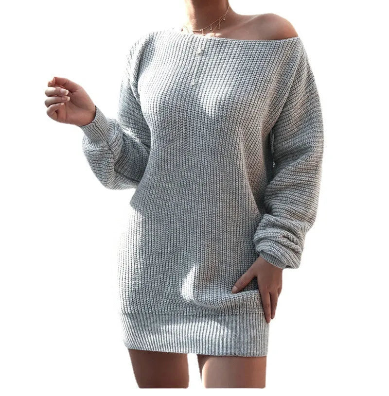 Women's casual off-the-shoulder knitted sweater dress with lantern sleeves in solid colour