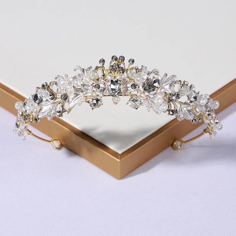 Alloy pearl crown headdress with electroplated gold finish for formal events