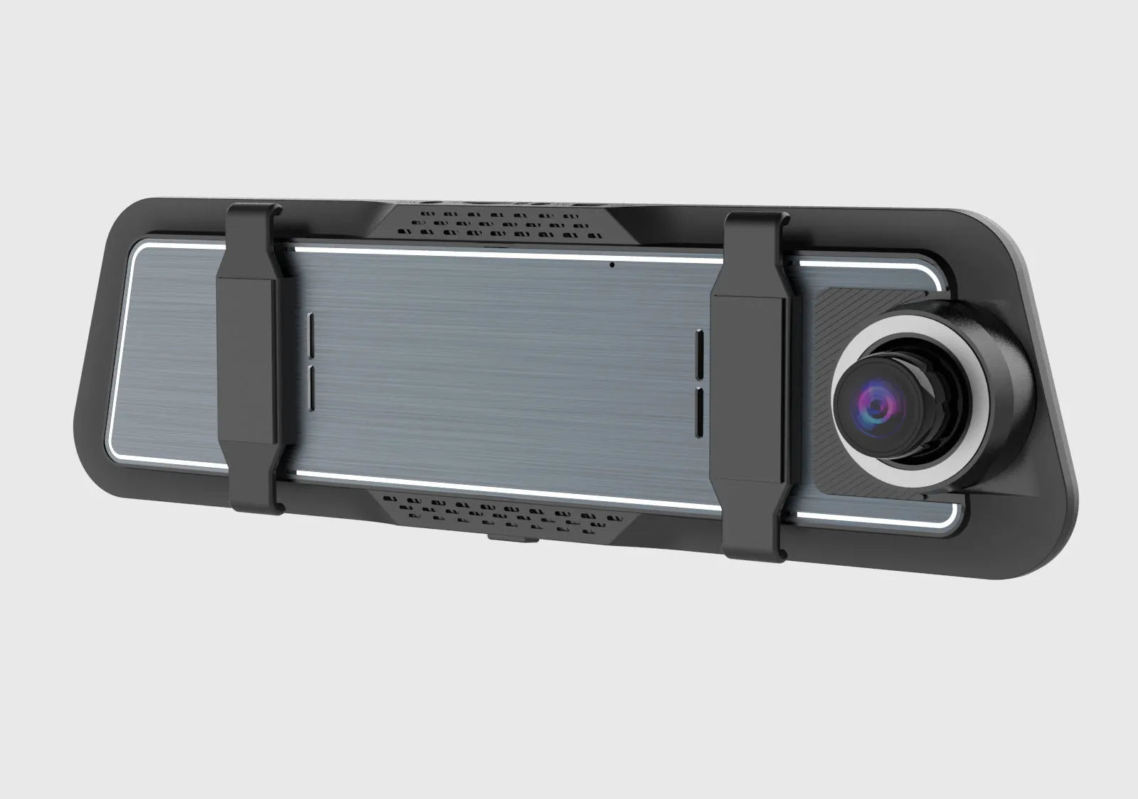 Dual-lens car driving recorder with a large touch screen, shown in black, gold grey, and blue grey colour options.