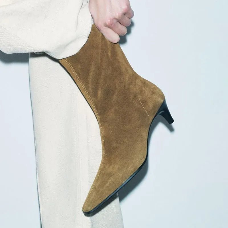 Brown women's square toe mid-calf boots with a side zip and a stiletto kitten heel on a waterproof platform sole.