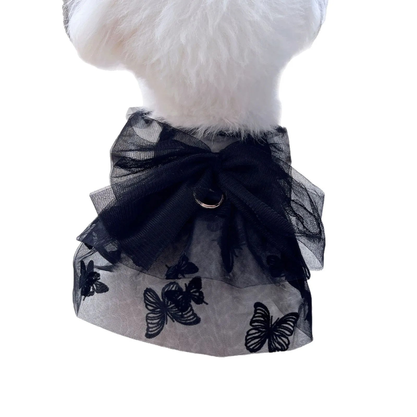 Black gauze princess tulle skirt for a small dog or cat, showing the pet clothing item.