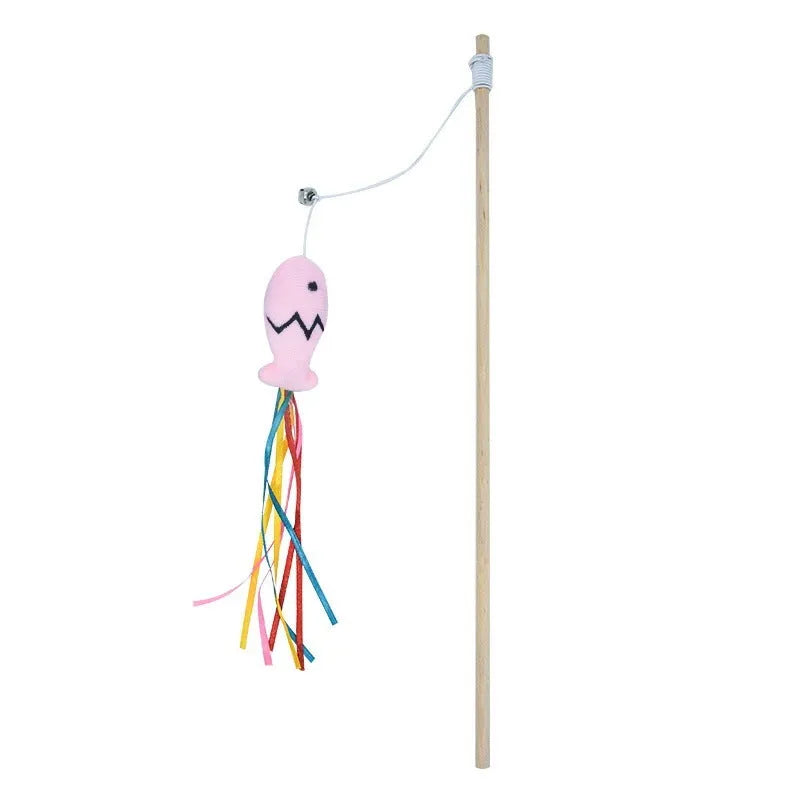 Cat wand toy with wooden handle showing colourful ribbons, catnip fish and bell attachments for interactive feline play