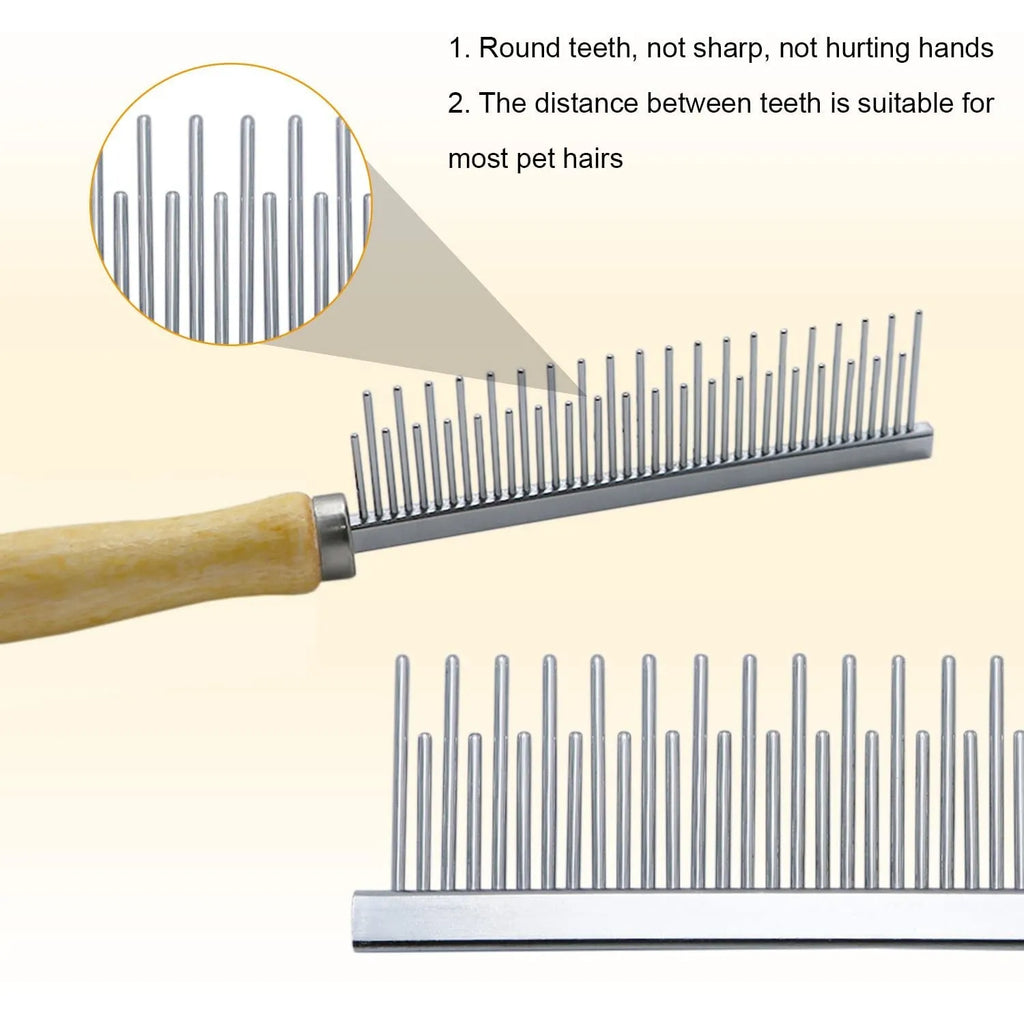 Wooden handle pet grooming comb showing three configuration types for dogs and cats