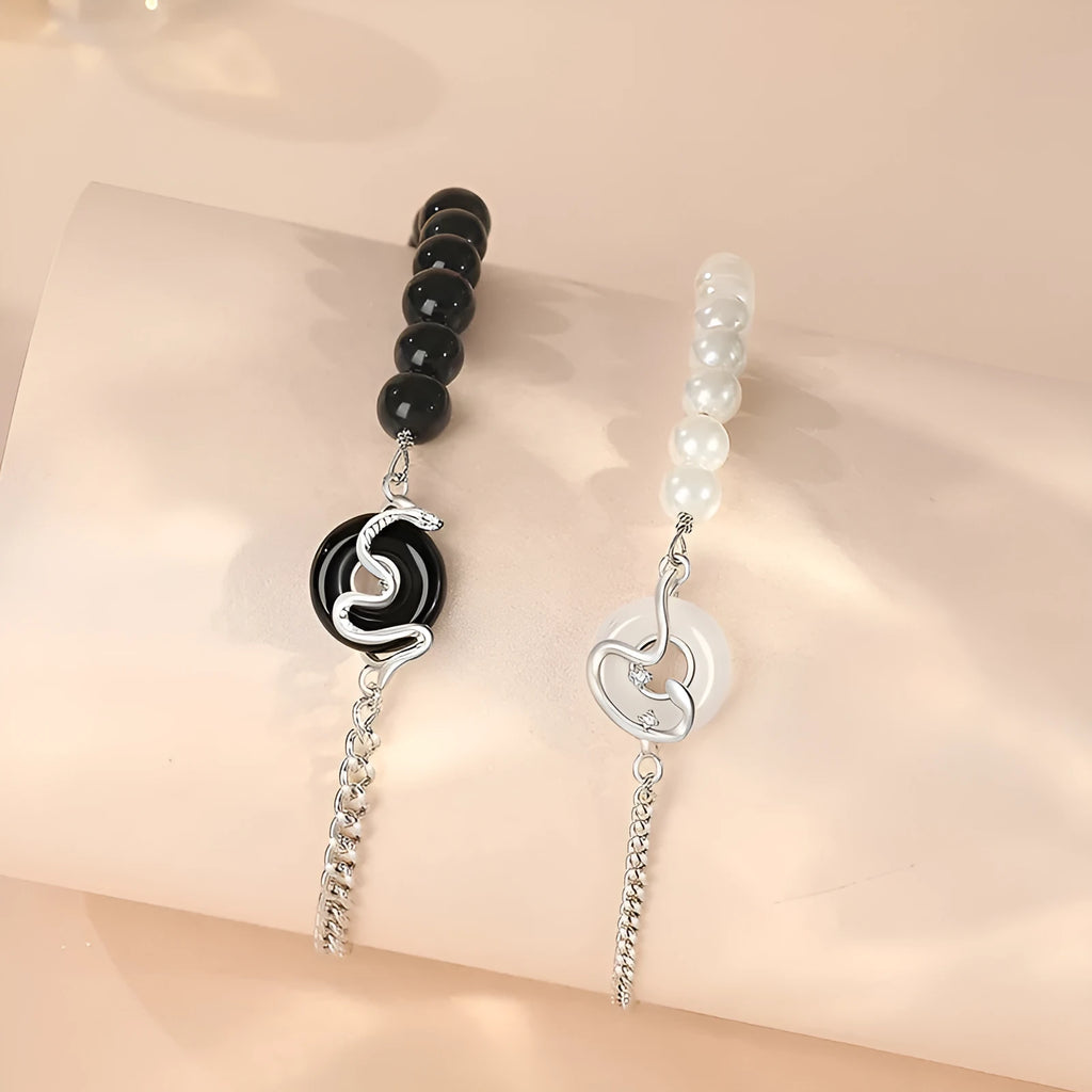 New Chinese style 925 sterling silver couple bracelet with obsidian pearl and snake zodiac design
