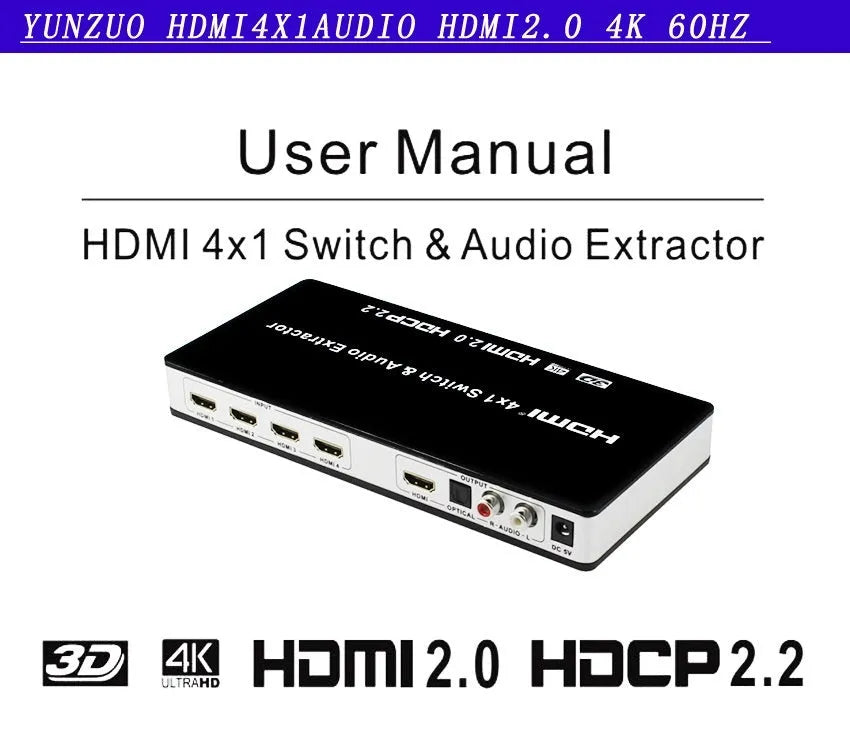 Black HDMI switch box with four input ports, one output port, remote control, and UK power adapter.