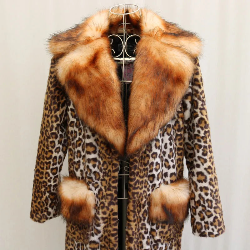 Women's long leopard print artificial fur jacket with regular sleeves on mannequin