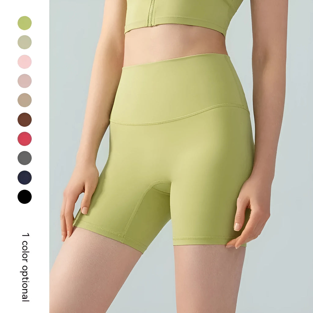 Women's high-waisted Lycra yoga shorts in Leaf Green colour, shown for yoga and fitness use.