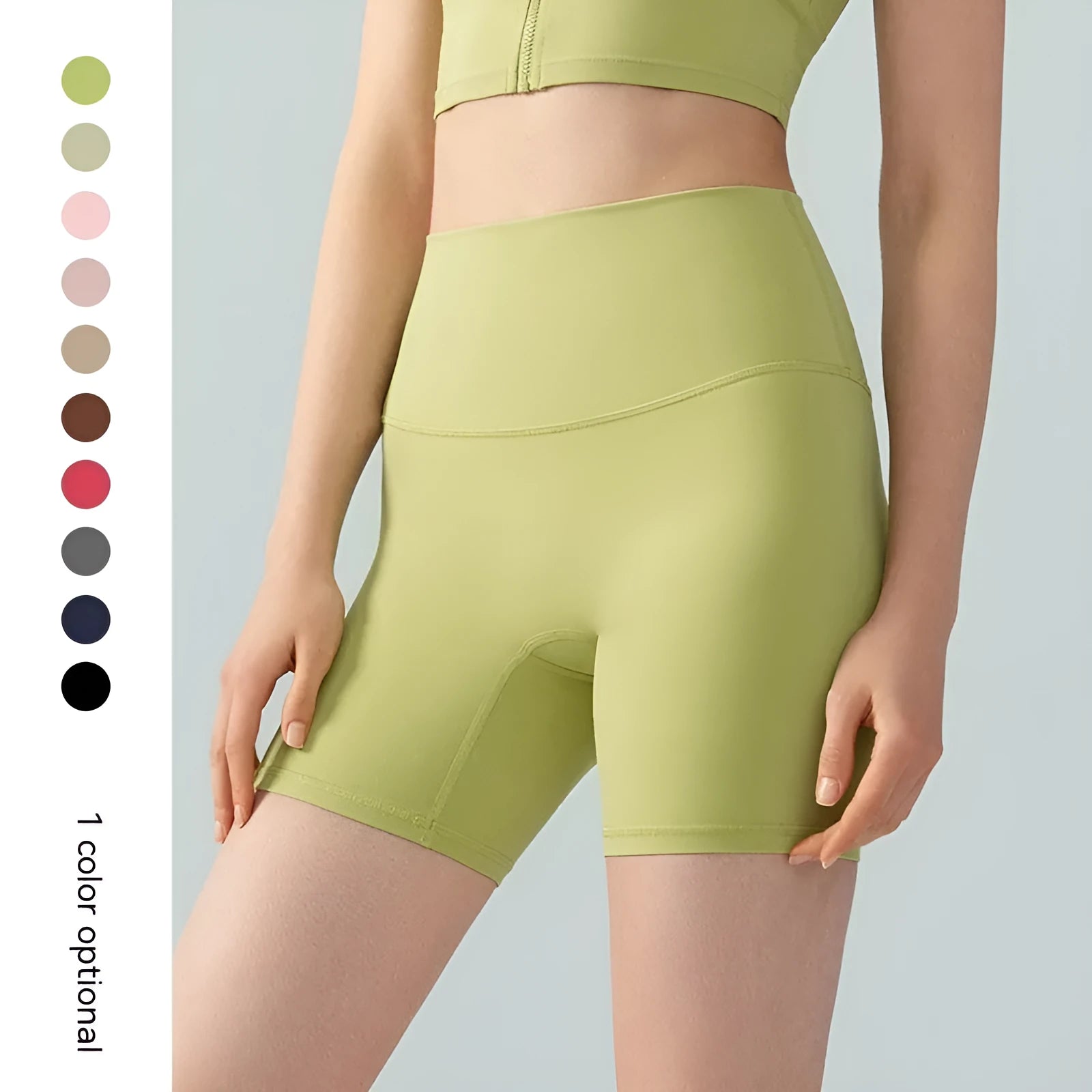 Women's high-waisted Lycra yoga shorts in Leaf Green colour, shown for yoga and fitness use.
