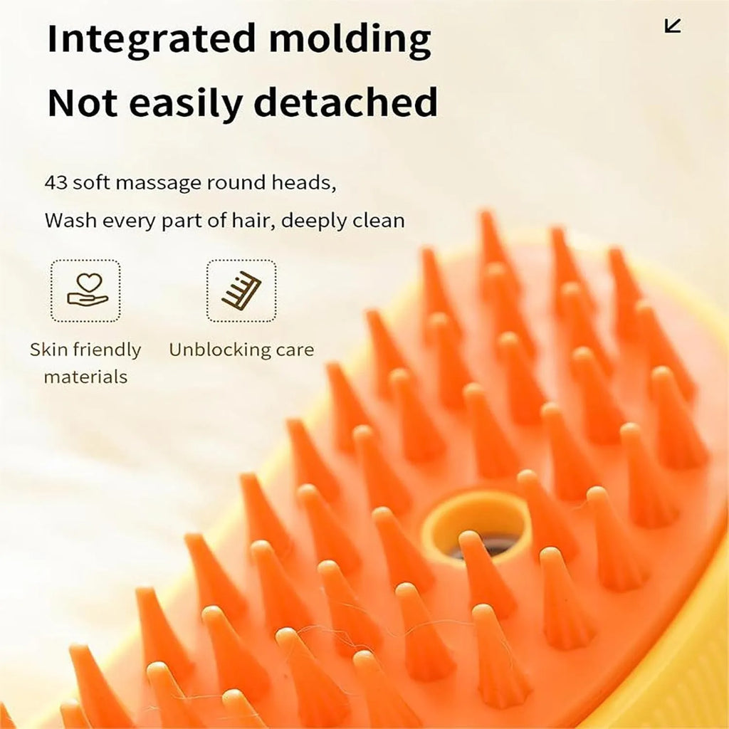 Green or yellow Cat Steam Brush with round teeth and cat paw-shaped ends for pet grooming
