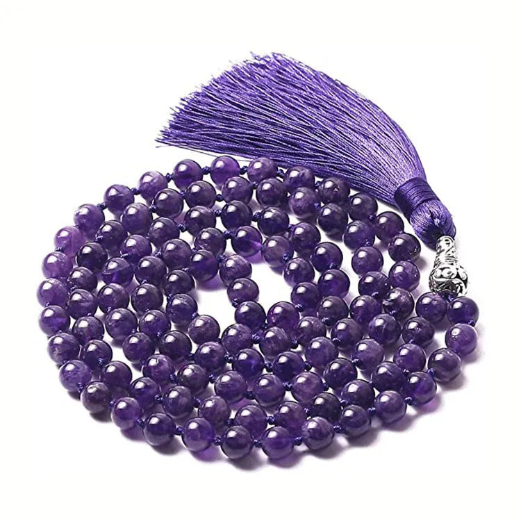 Long unisex agate and amethyst tassel necklace with blue grain stone and lapis lazuli on geometric pendant