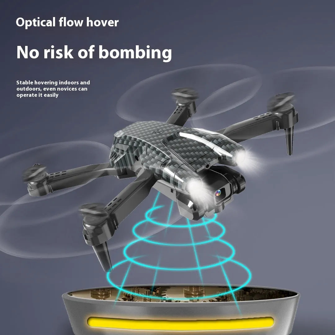 S138 black carbon fibre folding drone with propellers extended, showing dual camera and obstacle avoidance sensors.