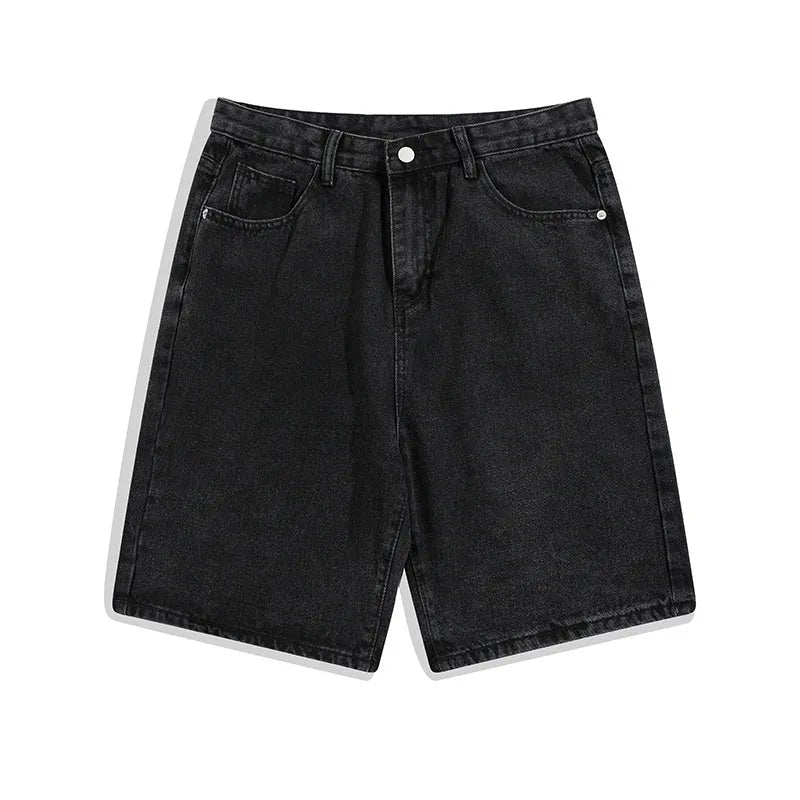 Men's light blue denim shorts with straight-leg fit and mid waist on a white background.
