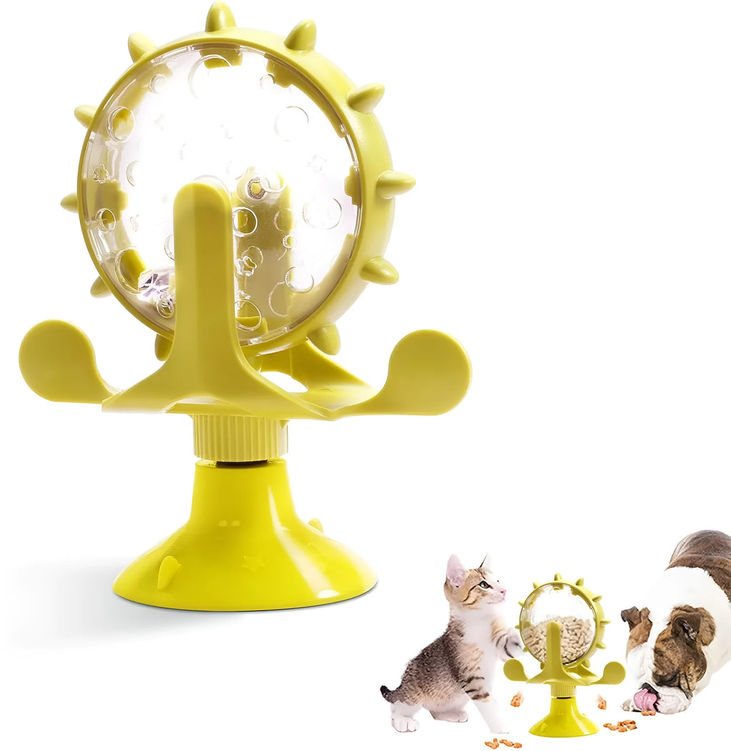 Interactive pet puzzle feeder toy with spinner and suction cup base in assorted colours